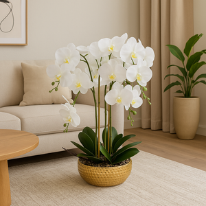 Plant Pot 26" INCH Tall | x-Large White Artificial Orchid Flower Gold Plant Pot Floral Real Look Plant Real Touch White Flower Ceramic Planter
