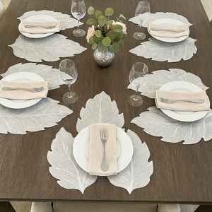 Placemats in Silver Leaf Shape Dining Table Mats with Special Layer Underneath Preventing Spills and Messes, Leaf Design Placemats for Dining Table Wedding Parties Accent Centrepiece