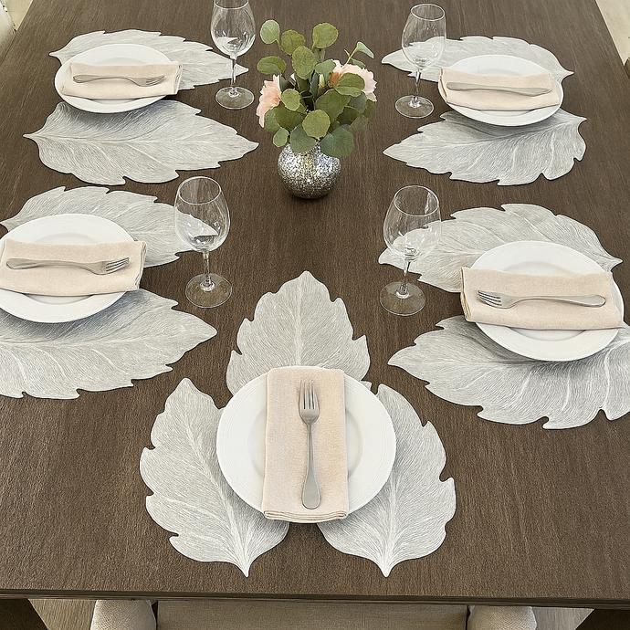 Placemats in Silver Leaf Shape Dining Table Mats with Special Layer Underneath Preventing Spills and Messes, Leaf Design Placemats for Dining Table Wedding Parties Accent Centrepiece