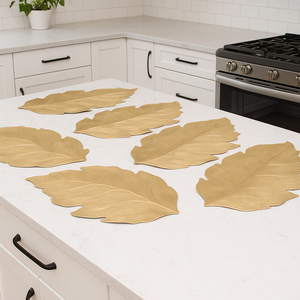 Placemats in Gold Leaf Design Dining Table Mats with Special Layer Underneath Preventing Spills and Messes, Leaf Design Placemats for Dining Table Wedding Parties Accent Centrepiece