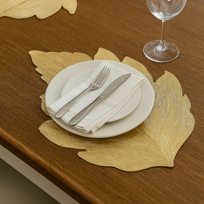 Placemats in Gold Leaf Design Dining Table Mats with Special Layer Underneath Preventing Spills and Messes, Leaf Design Placemats for Dining Table Wedding Parties Accent Centrepiece