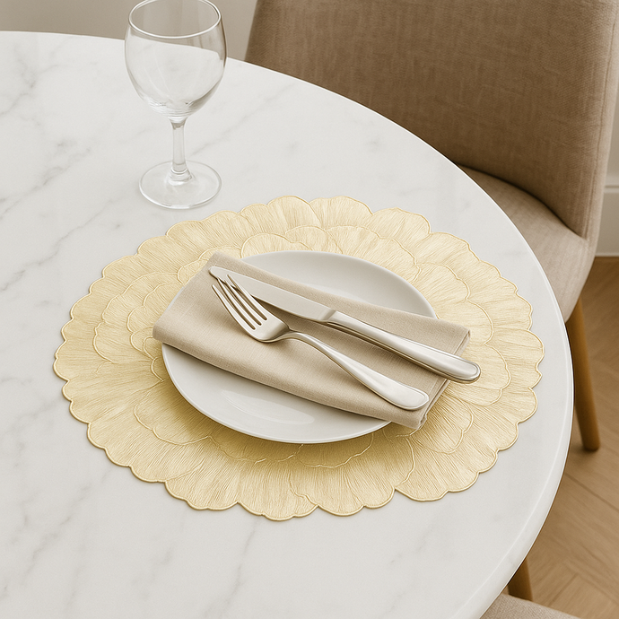 Placemats in Gold Flower Shape Dining Table Mats with Special Layer Underneath Preventing Spills and Messes, Flower Design Placemats for Dining Table Wedding Parties Accent Centrepiece