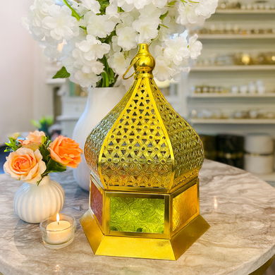 Lantern Gold with Multi-colour Centrepiece for Ramadan Decor, LED Lantern for Wedding Decor Event Organizing Holiday Home Decoration