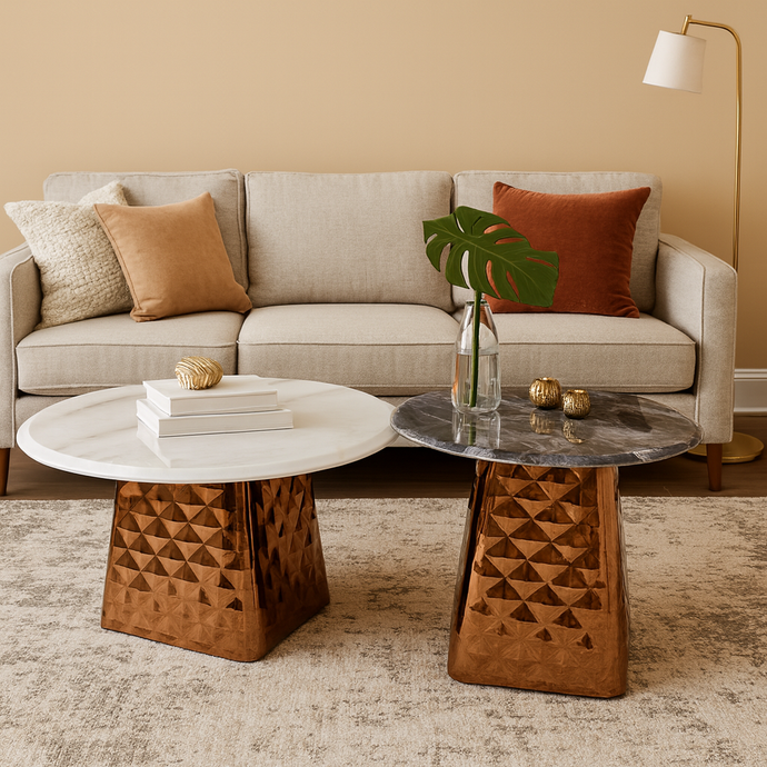 Set of 2 Round Marble Tables | Luxury Rustic Gold Stainless-Steel Base Design