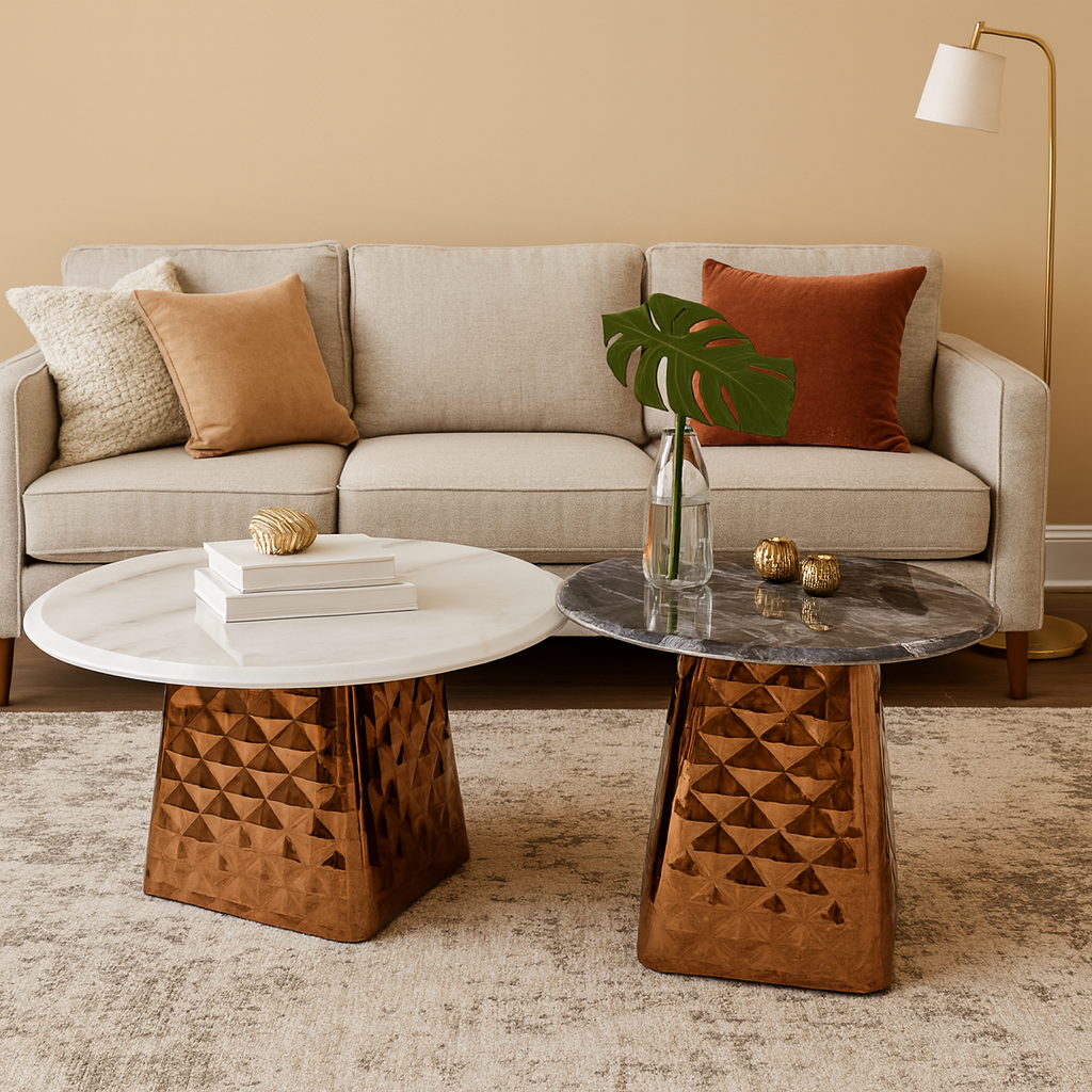 Set of 2 Round Marble Tables | Luxury Rustic Gold Stainless-Steel Base Design