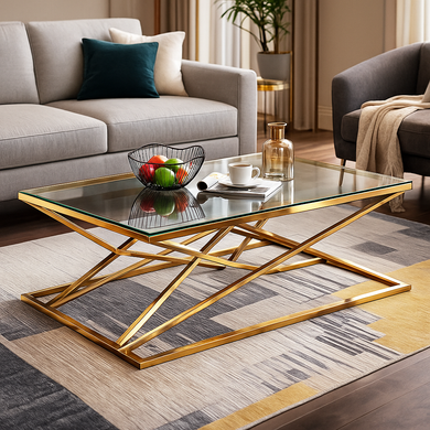 Modern Glass Coffee Table with Gold Stainless-Steel Base | Luxury Living Room Design