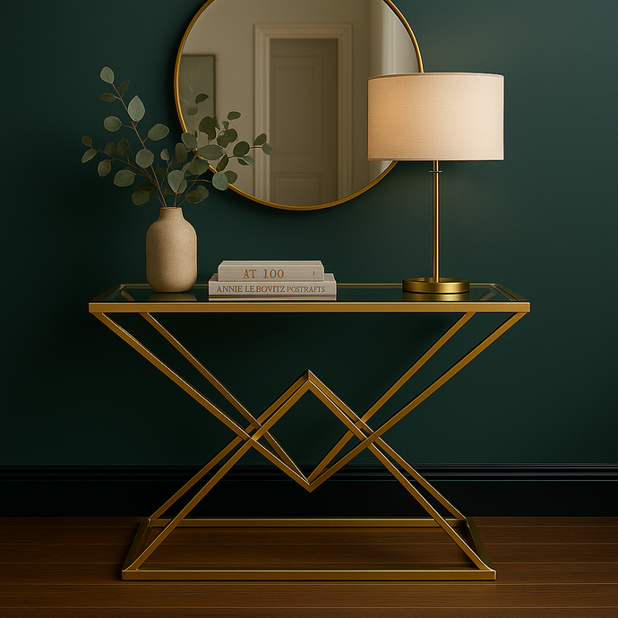 Modern Gold Console Table with Glass Top | Luxury Stainless-Steel Design