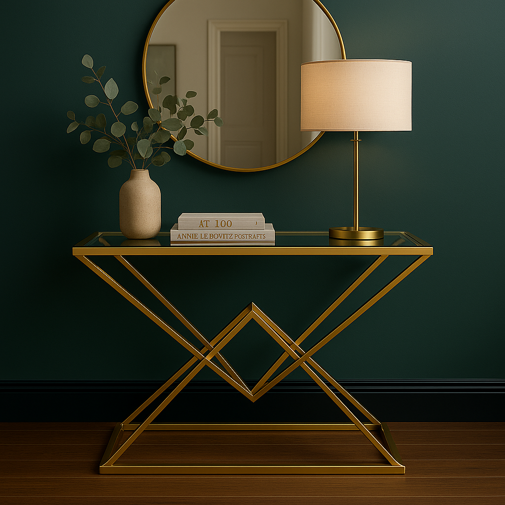 Modern Gold Console Table with Glass Top | Luxury Stainless-Steel Design