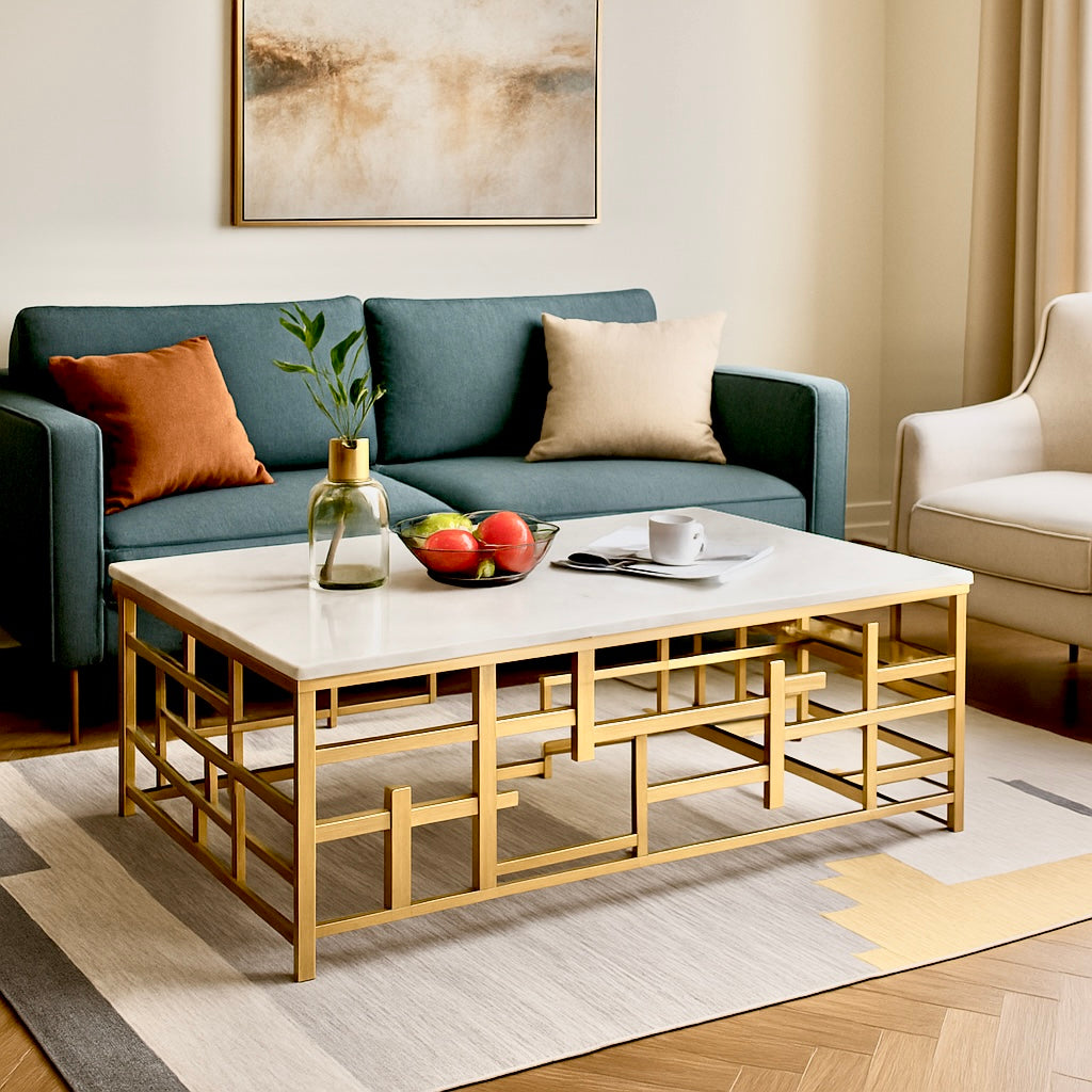 Modern Gold Coffee Table with White Marble Top | Geometric Stainless-Steel Design
