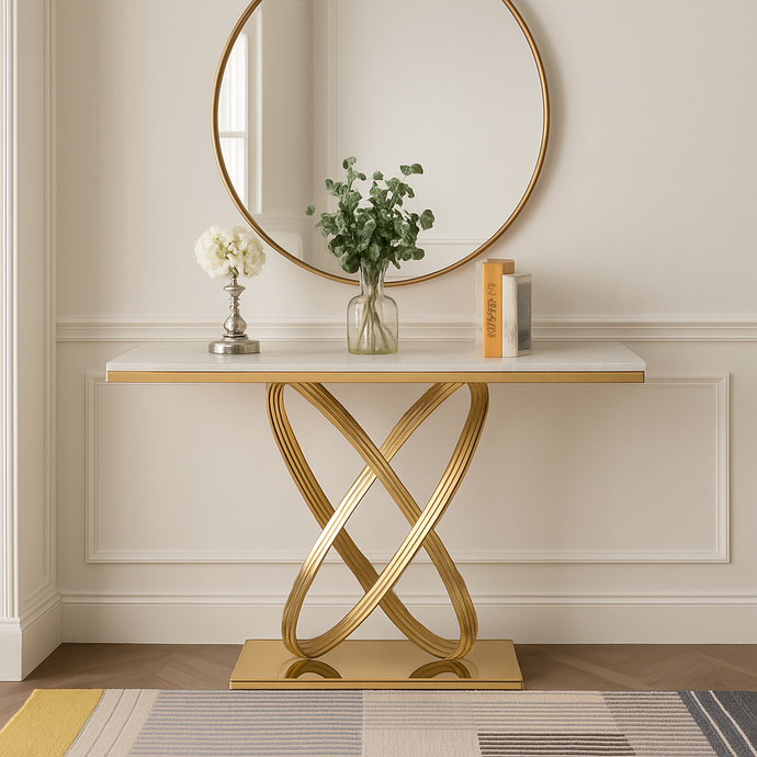 Luxury Gold Console Table with Marble Top | Modern Stainless-Steel Design