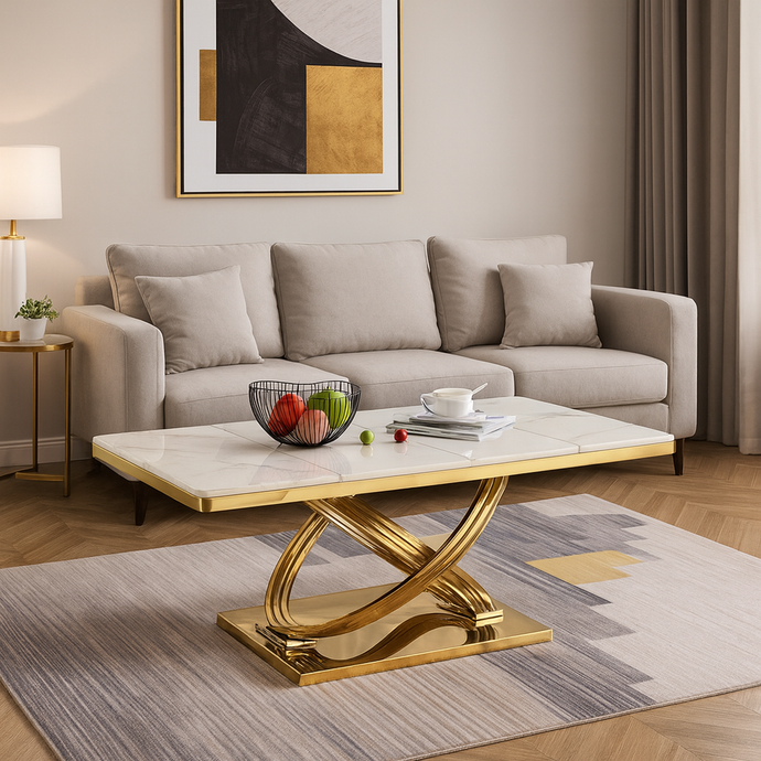 Modern Gold Coffee Table with White Marble Top | Luxury Stainless-Steel Design