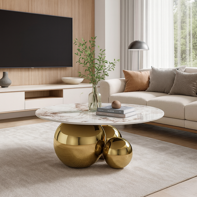 Modern Round Coffee Table with White Marble Top | Artistic Gold Base Design