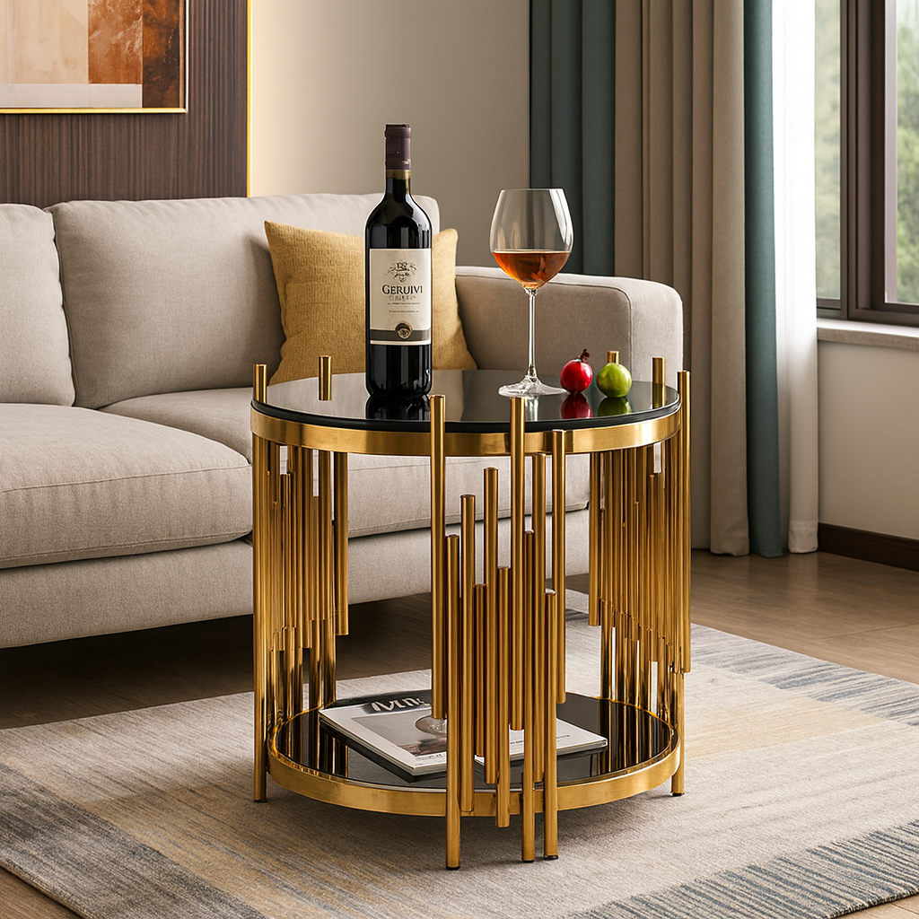 Luxury Gold Side Table with Black Glass Top | Modern Stainless-Steel Accent Table