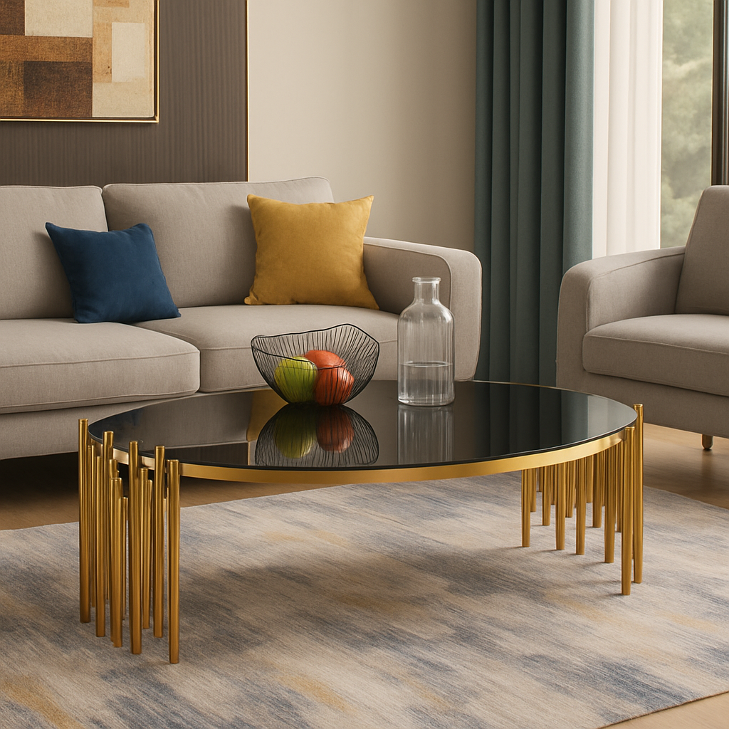 Luxury Black Glass Coffee Table with Gold Stainless-Steel Base | Modern Oval Design