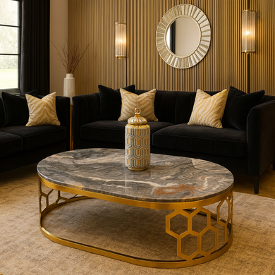 Modern Gold Coffee Table with Black Marble Top | Luxury Stainless-Steel Base