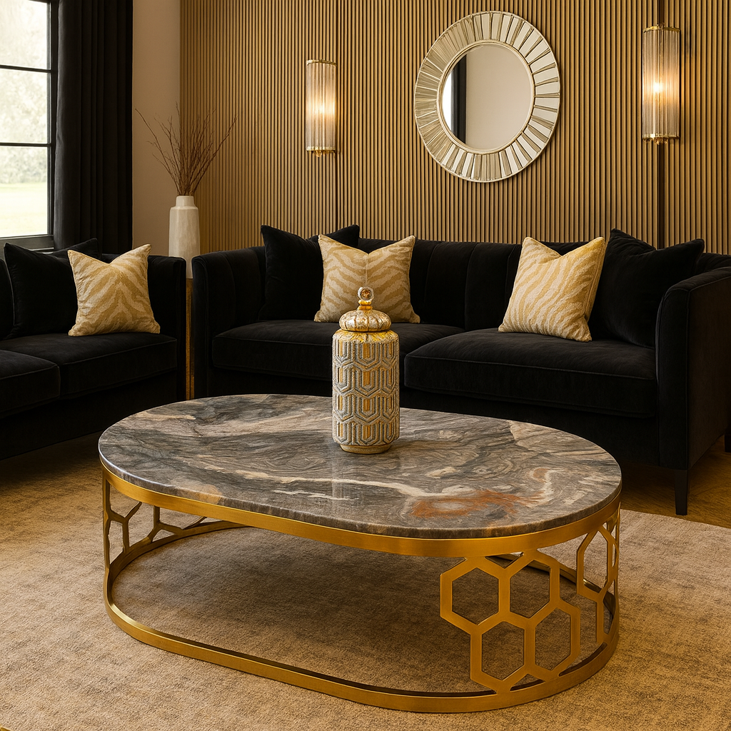 Modern Gold Coffee Table with Black Marble Top | Luxury Stainless-Steel Base