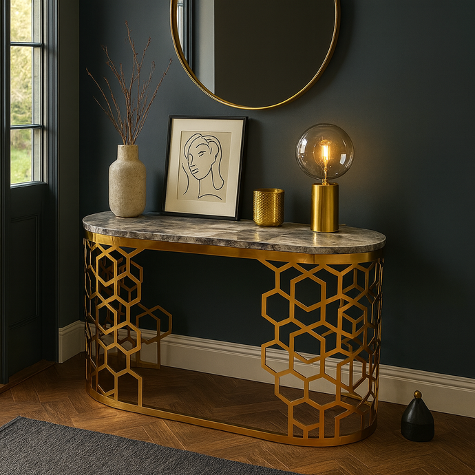 Modern Gold Console Table with Black Marble Top | Stainless-Steel Luxury Design