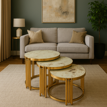 Set of 3 Marble-Look Nesting Tables with Glass Tops | Luxury Gold Stainless-Steel Design
