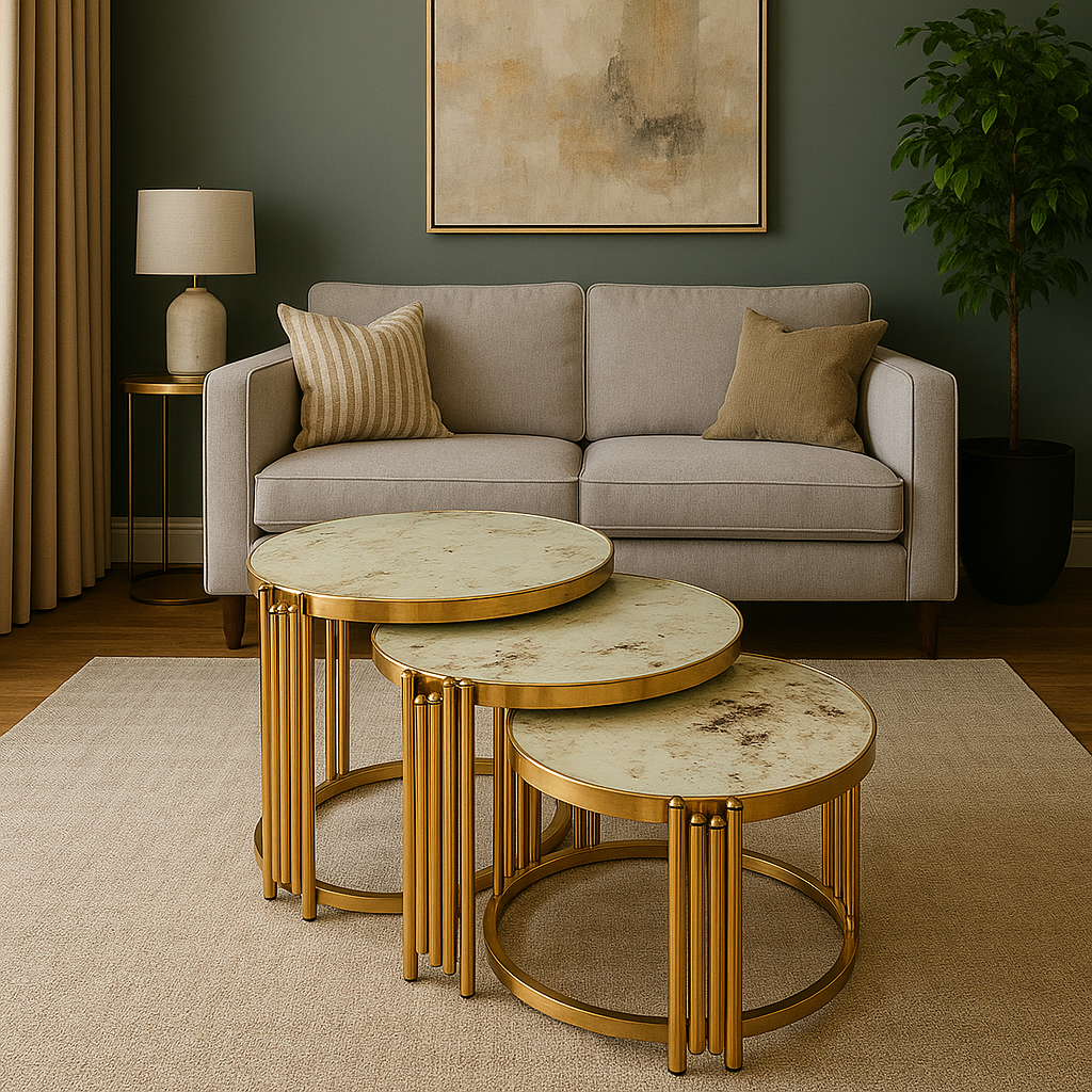 Set of 3 Marble-Look Nesting Tables with Glass Tops | Luxury Gold Stainless-Steel Design