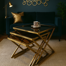 Set of 3 Gold Nesting Side Tables with Black Glass Tops | Luxury Stainless-Steel Design