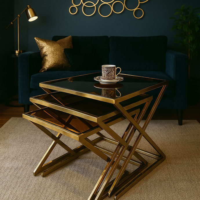 Set of 3 Gold Nesting Side Tables with Black Glass Tops | Luxury Stainless-Steel Design