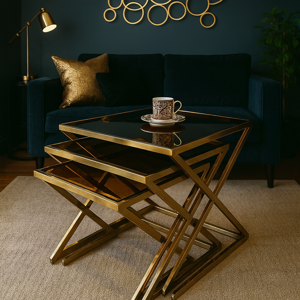 Set of 3 Gold Nesting Side Tables with Black Glass Tops | Luxury Stainless-Steel Design