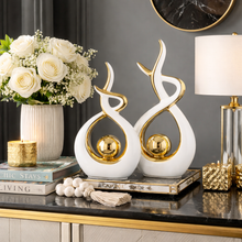 Sculpture Centre Piece Abstract in Gold White Ceramic Modern Decor for Tabletop, Set of Two