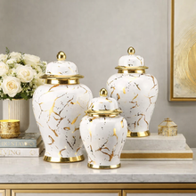 Ginger Jar Medium with Lid in Gold and White Ceramic Marble Look Ginger Jar for Living Room or Kitchen Decoration (ONE PIECE INCLUDED)