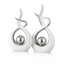 Sculpture Centre Piece Abstract in Silver and White Ceramic Modern Decor for Tabletop, Set of Two
