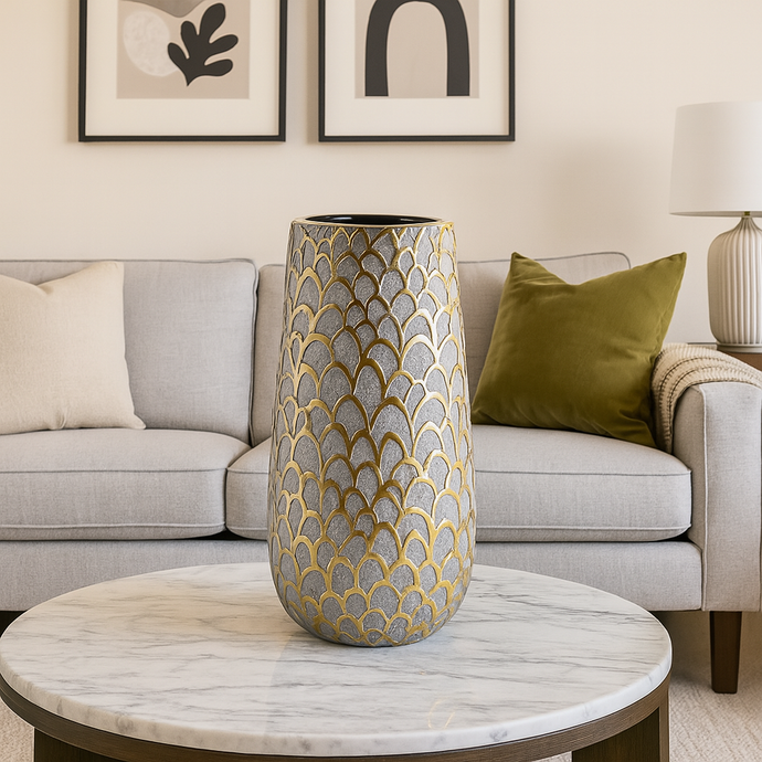 Vase Ceramic Large Centre Piece Grey and Gold Textured Vase Modern Flower Pot Home Decor Tabletop Accessories