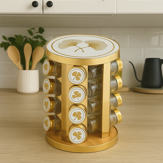 16 pieces Gold Rotary Seasoning Jar Organizer Seasoning Bottle Decorated Kitchen Seasoning Rack in White and Gold