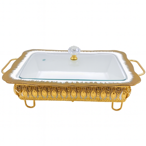 Gold Serving Dish with Glass Lid Luxury Rectangular Serving Plate – Elegant Food Display Tray for Buffet, Kitchen, and Dining Table