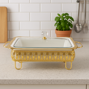 Gold Serving Dish with Glass Lid Luxury Rectangular Serving Plate – Elegant Food Display Tray for Buffet, Kitchen, and Dining Table
