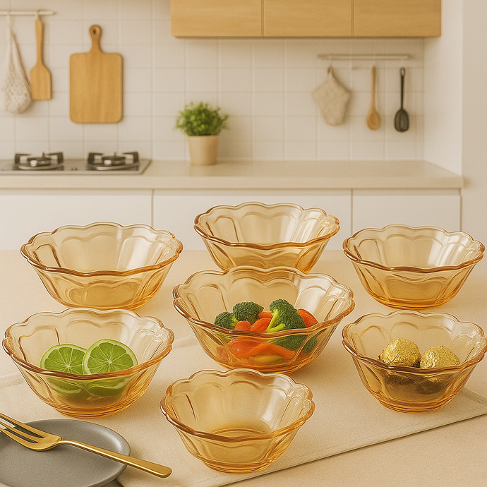 7-Piece Amber Glass Bowl Set – Elegant Scalloped Dessert & Salad Bowls, Premium Quality Glassware, Gift-Ready Packaging for Home, Parties & Gifting