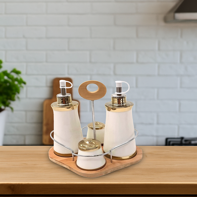 Sauces Container Set Condiment Jars with Bamboo Stand Spice Container Olive Oil Hot Sauce Bottles Salt Pepper Shakers Set with Stand for Kitchen Dining Table Serving
