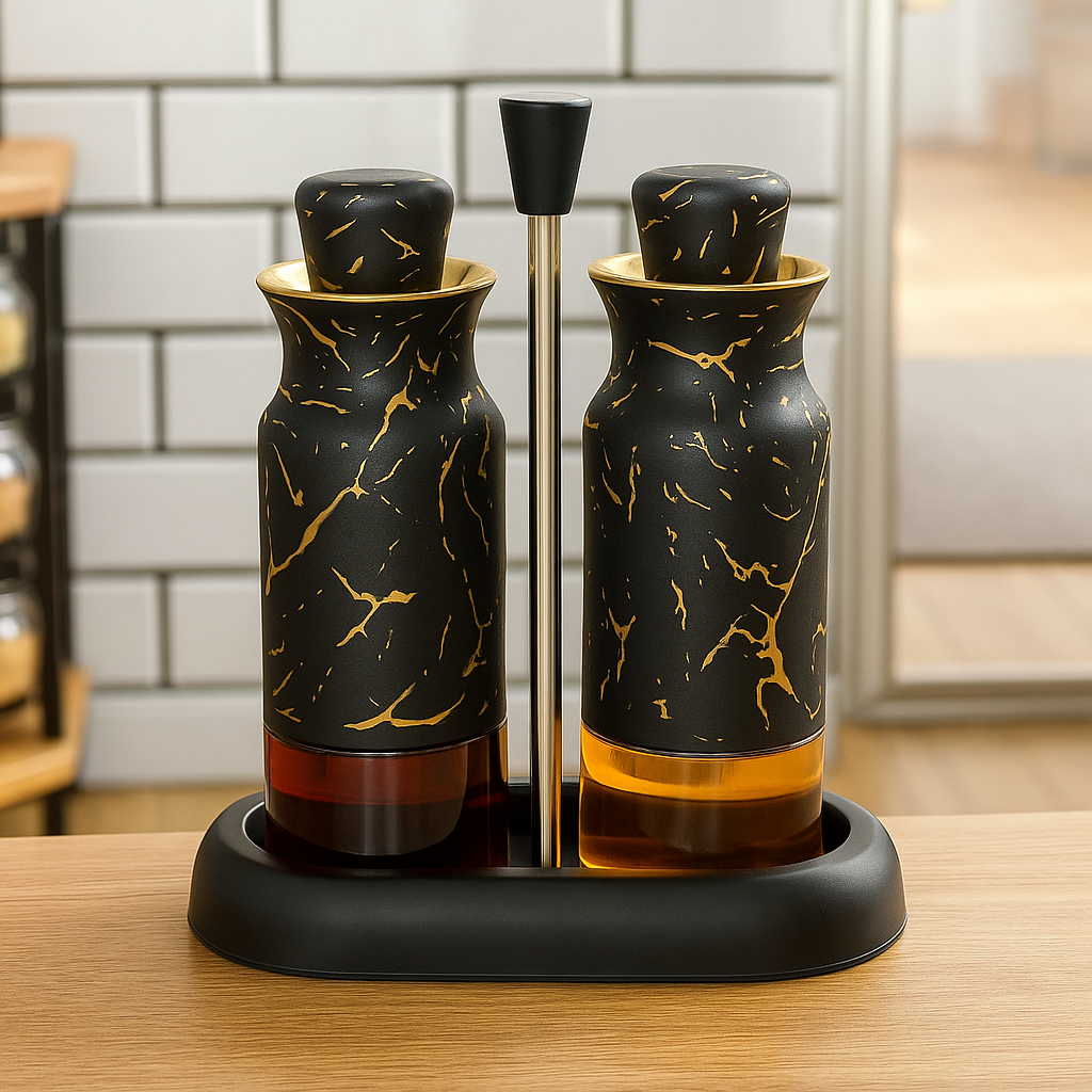 2-piece Set Condiment Jars with Rack Spice Container Olive Oil Vinegar Bottles Stainless Steel Salt Pepper Shakers Set with Stand for Kitchen Dining Table