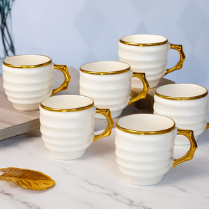 Tea Cups Set of Six White Gold Tea Coffee Mugs Hot Cold Drink Cups Ceramic Luxury Looking Coffee Tea Mugs Set 6-Pieces