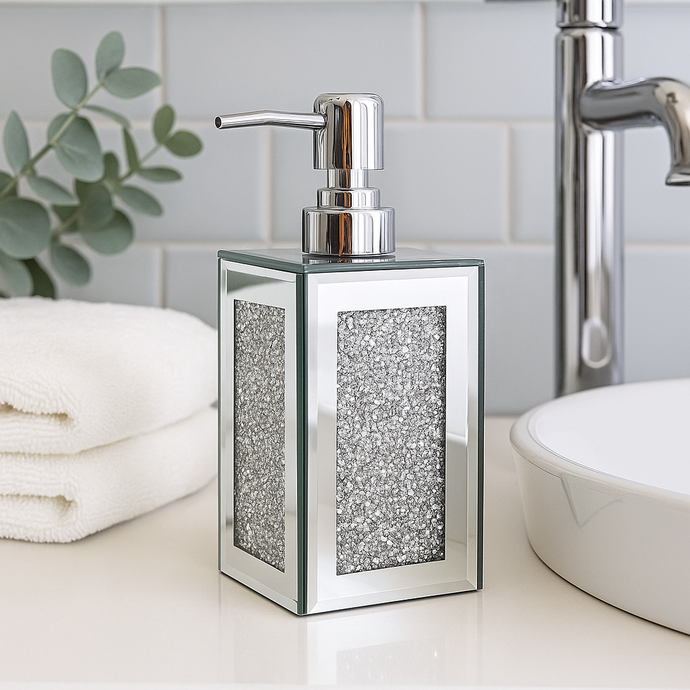 Soap Dispenser Silver Crushed Crystal Lotion Pumper Mirrored Glass Cream Soap Holder for Bathroom, Powder Room, Kitchen Soap Dispenser