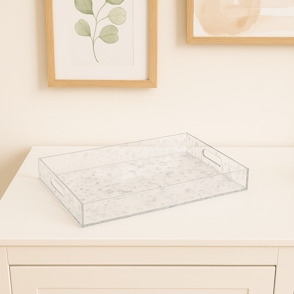 Service Tray Silver Rectangular Acrylic  with Silver Textures