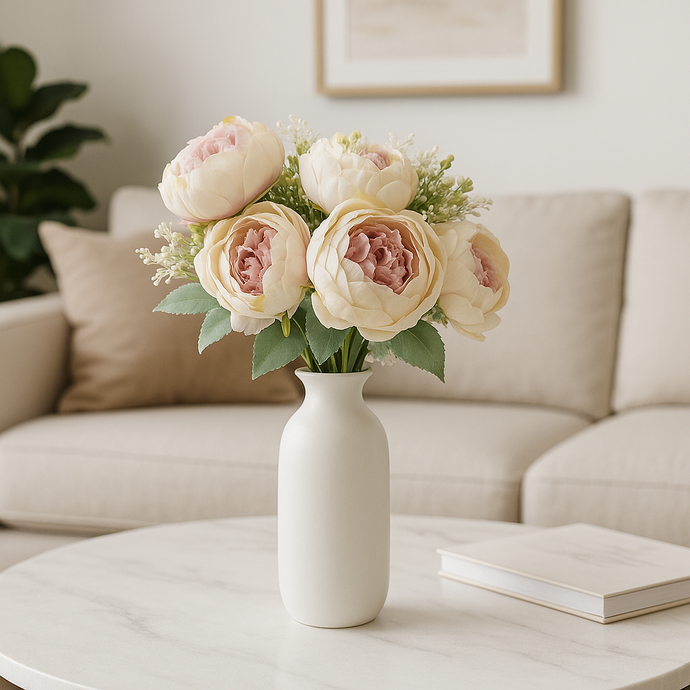7-Head Peony Flower Bunch in Milky White with Light Pink Silk Flower Bunch with Fillers – 19