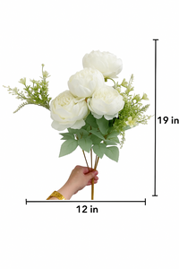 7-Head Peony Flower Bunch in WHITE Silk Flower Bunch with Fillers – 19" Bendable Stems Artificial Floral Bouquet for Vases, Home Decor, Office, Bedroom & Living Room