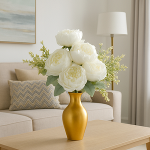 7-Head Peony Flower Bunch in WHITE Silk Flower Bunch with Fillers – 19" Bendable Stems Artificial Floral Bouquet for Vases, Home Decor, Office, Bedroom & Living Room