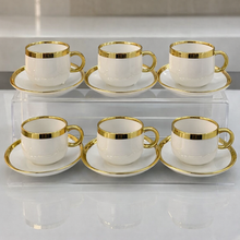 Tea Cups Set of Six with Saucers Hot or Cold Drink Cups with Plates in White and Gold Design Ceramic Luxury Looking Coffee Tea Mugs Set 6-Pieces