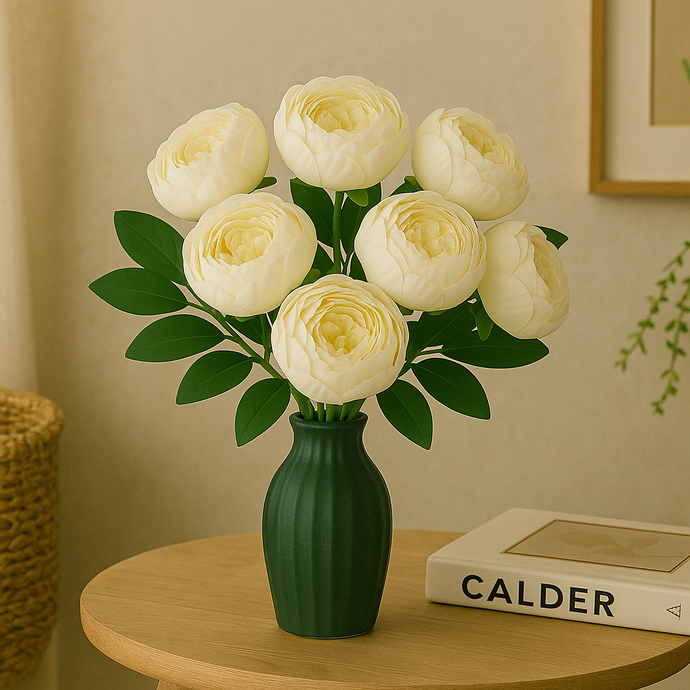7-Head OFF-WHITE Peony Artificial Flower Bunch – Silk Bouquet with Fillers & Greenery for Home, Office, Bedroom & Living Room Vases