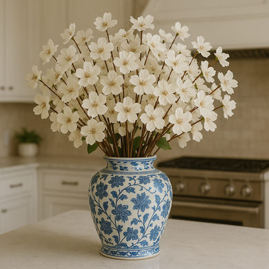 Artificial White Cherry Blossom Bunch – 7 Long Silk Stems with Extension, 23