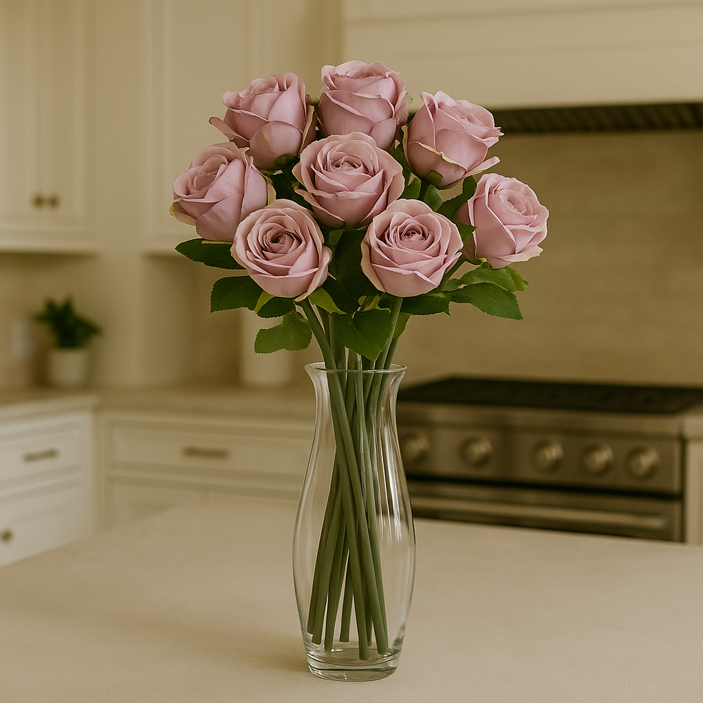 12 Stems PURPLE Rose Artificial Flower Bunch - 12 Realistic Faux Roses with Bendable Stems, 18