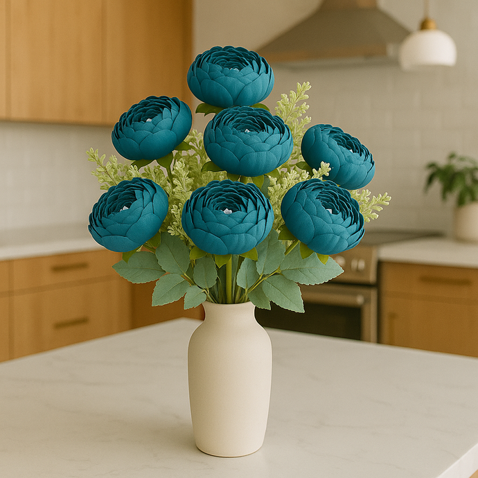 7-Head Peony Flower Bunch in BLUE with Burgundy Silk Flower Bunch with Fillers – 19