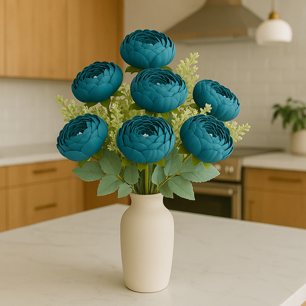 7-Head Peony Flower Bunch in BLUE with Burgundy Silk Flower Bunch with Fillers – 19