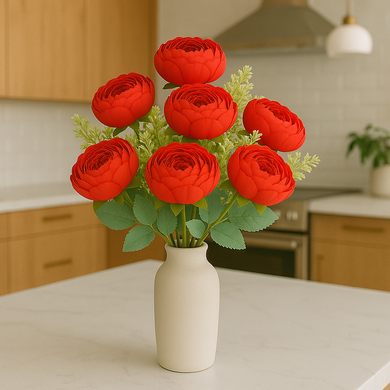7-Head Peony Flower Bunch in BRIGHT RED Silk Flower Bunch with Fillers – 19