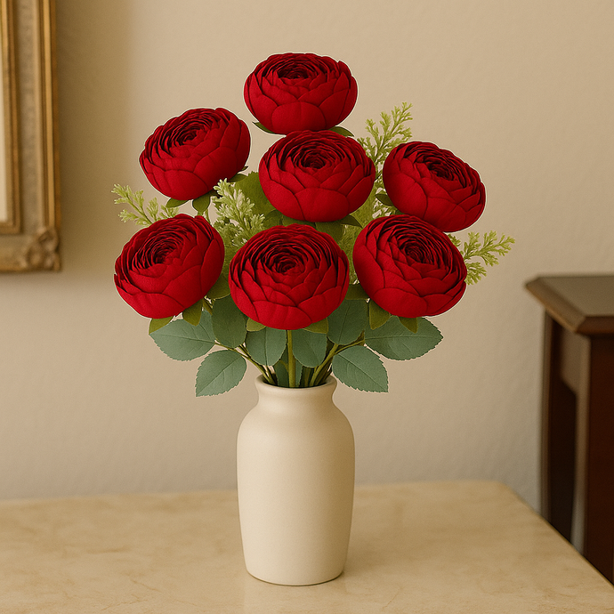 7-Head Peony Flower Bunch in DARK RED Silk Flower Bunch with Fillers – 19